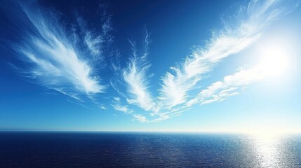 Sky Ocean Blue Background with Bright Sunlight and White Clouds Landscape