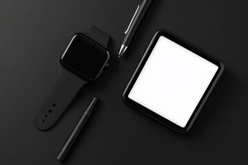 Clear Pixel Image of Smart Watch and Smart Pen on Black Background