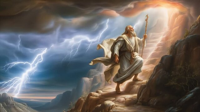 Moses climbing mountain for the commandments in storm. 4K Video