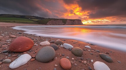 Scenic Beach With Rocks And Dramatic Sunset Sky Landscape Seascape