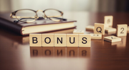 Wooden blocks spelling "BONUS" on a table, near a book and glasses, suggesting reward, achievement or financial gain