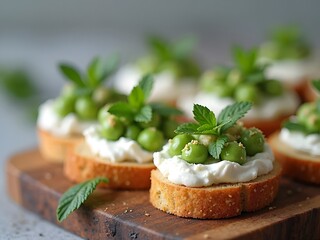 Sugar Snap Pea and Ricotta Crostini: Close-up of crunchy crostini topped with whipped ricotta and blanched sugar snap peas, garnished with mint, on a wooden board with a soft blurry background.