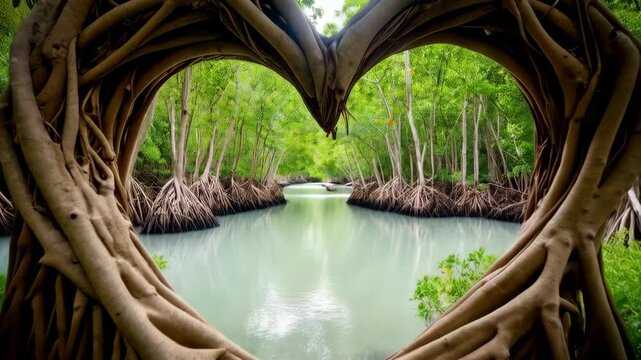 Heart-shaped tree roots form a nature tunnel over calm river, green mangrove forest landscape with sunshine and foliage