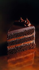 Close-up of a decadent chocolate cake slice.