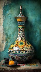 Ornate ceramic vase with intricate design and citrus fruit.