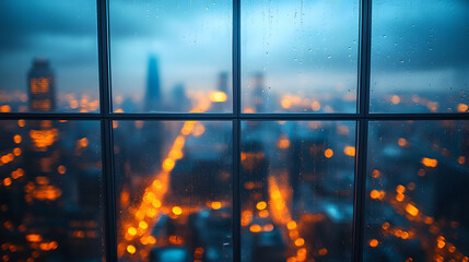 Rainy Night Cityscape View Through Window