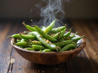 Lemon Garlic Roasted Sugar Snap Peas: A rustic bowl filled with roasted sugar snap peas coated in garlic and lemon zest, steaming and aromatic, captured with a dark wooden table in soft focus.