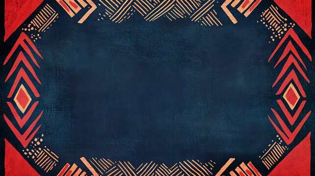 A vibrant textile background featuring a dark blue central field framed by traditional Igbo geometric patterns in bold red and beige.