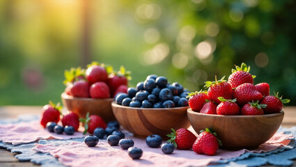 Naklejka premium Vibrant Garden Harvest: Bowls of Mixed Berries