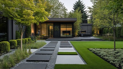 Fototapeta premium Modern minimalist garden design with sleek pathways, lush greenery, and tranquil outdoor space showcasing contemporary architecture and natural beauty
