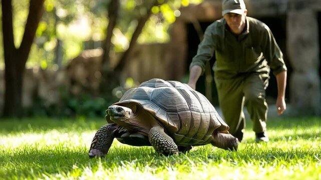 Large tortoise reptile walking slow on green grass in outdoor nature wildlife with person following closely in calm natural environment