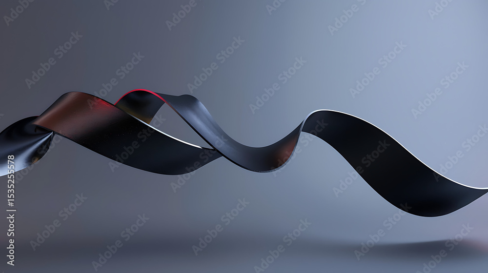 Leinwandbilder A flowing black ribbon curves and twists against a gradient gray background, creating a modern and abstract design with smooth, glossy textures and dynamic motion