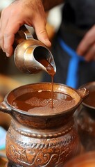 Chocolate being poured into a large ceramic pot.