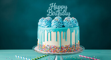 Blue birthday cake with white frosting, blue icing drip, colorful sprinkles, and "Happy Birthday" topper, on a cake stand against a teal background, showcasing festive celebration