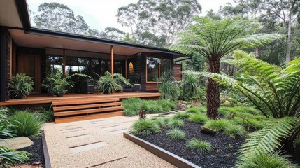 Fototapeta premium Tranquil Modern Home Surrounded by Lush Greenery and Tropical Plants, Showcasing Natural Beauty in a Serene Outdoor Environment