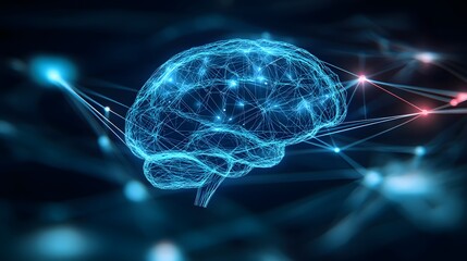 A digital representation of the human brain with connected nodes.