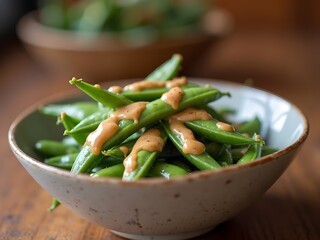 Sugar Snap Peas with Spicy Peanut Sauce: Close-up of sugar snap peas drizzled with spicy peanut sauce, served in a minimalist bowl with a blurred background suggesting a warm, cozy kitchen.