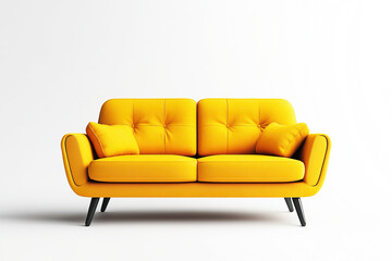 Fototapeta premium Modern yellow sofa with cushions set against a white background for stylish interior decor