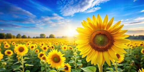 A serene landscape with a sunflower field, bright yellow flowers and a clear blue sky, symbolizing happiness and positivity