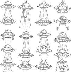 Playful UFO Icon Set Featuring Cartoon Spaceships and Alien Abductions