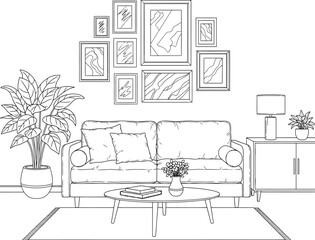 Minimalist Line Art Illustration of a Modern Living Room Interior