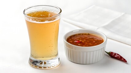 Energy drink glass with spicy sauce cup on white background