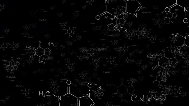 Caffeine Molecule Loop Scientific formula seamless Float on black screen
