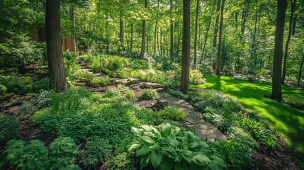 Obraz premium Lush Green Garden Pathway Surrounded by Dense Trees and Vibrant Foliage in a Peaceful Woodland Setting Captivating Nature's Beauty