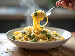 Creamy Pasta with Sugar Snap Peas and Parmesan: A steaming bowl of creamy pasta with sugar snap peas, sprinkled with freshly grated parmesan, captured with a soft-focus kitchen counter in the backgrou