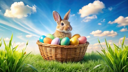 Easter bunny sitting on a basket filled with colorful eggs in green grass outdoor with sunny sky and few white clouds