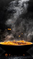 Creamy custard dessert with a crispy caramelized topping, steaming and with falling pieces.