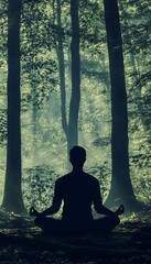 A person meditating in a misty forest.