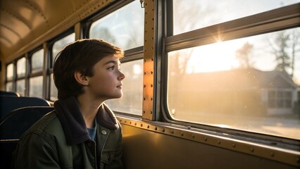 Boy on school bus looking out window sunset