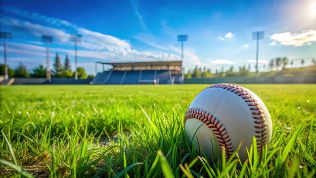 baseball left in outfield grass of small ballpark on sunny day, grass, sunlight,  grass, sunlight, scenery