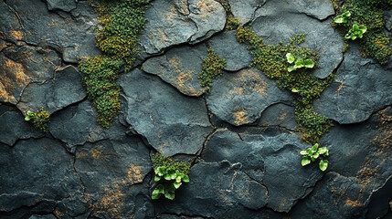 Obraz premium moss spreading across old stone texture with detailed natural green patterns and aged surface