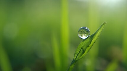 A Water Droplet Rests on a Green Leaf in the Heart of Lush Vegetation