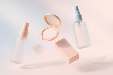 Floating Pastel Beauty Products on Soft Gradient Background with Minimalist Aesthetic