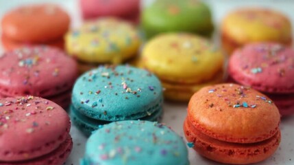 A vibrant array of macarons in pastel hues, each adorned with a delicate sprinkle of colorful sugar, invites the senses to indulge in sweetness and joy