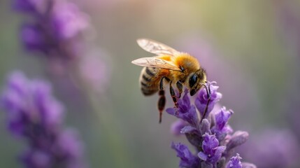 Amidst the soft hues of lavender, a solitary bee finds its nectar source, embodying the delicate balance of nature