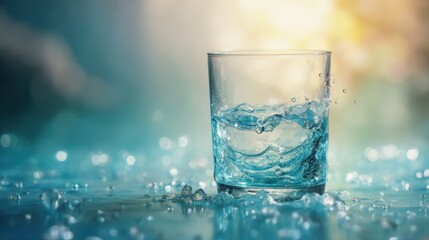 Embrace the refreshing essence of nature with this serene glass of water, set against a backdrop of sparkling blue hues and soft bokeh
