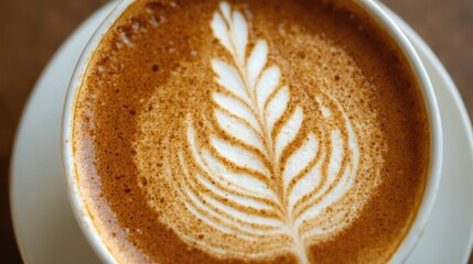 An intricate leaf design graces the surface of a freshly brewed latte art coffee cup