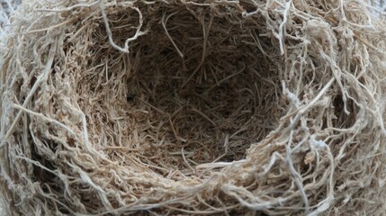 A close-up of a natural fiber nest, showcasing its intricate structure and organic texture