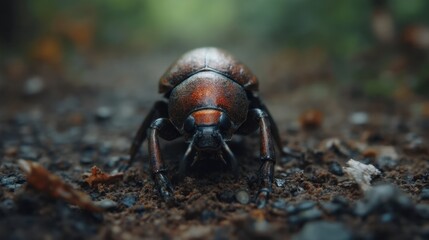 A solitary beetle explores its natural habitat, surrounded by the subtle textures of a forest floor