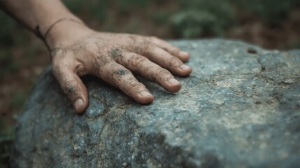 A human hand rests gently on a weathered rock, hinting at the passage of time and the enduring presence of nature