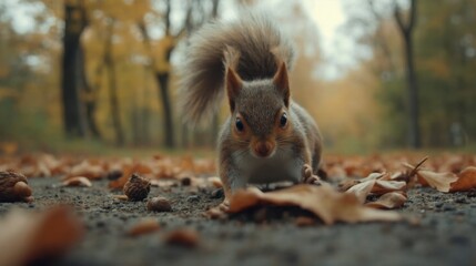 A curious squirrel explores its autumnal forest, surrounded by fallen leaves and a softly blurred backdrop of trees