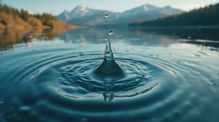 A Water Droplet Splashes into a Serene Lake with Mountainous Backdrop