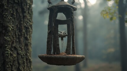 A solitary birdhouse hangs in a misty forest, its silhouette stark against the dappled light
