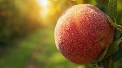 A Close-Up of a Ripe Peach on a Sunlit Branch