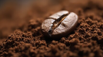 A lone coffee bean rests on rich brown soil, its crisp lines a testament to nature's artistry