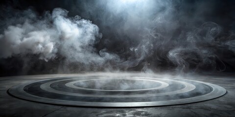 Dark grey concrete floor with smoke swirling around it in a circular motion , abstractpattern, industrial